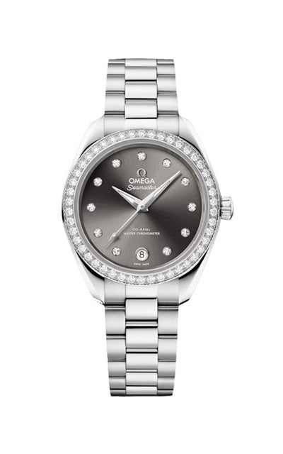 Silver watch with a dark face on a white background

Omega Seamaster Aqua Terra 150M 220.15.30.20.56.001