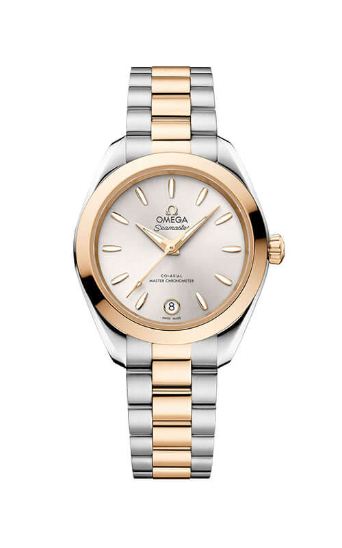 Two-tone Omega watch with silver and rose gold band on a white background

Omega Seamaster Aqua Terra 150M 220.20.30.20.02.001 Bandiera Jewellers