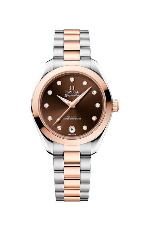 Omega watch with two-tone rose gold and silver bracelet on a white background

Omega Seamaster Aqua Terra 150M 220.20.30.20.63.001 Bandiera Jewellers