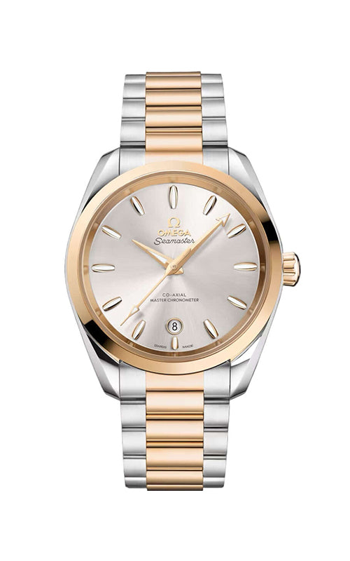 Two-tone watch with silver and rose gold band on a white background

Omega Aqua Terra 150M Master Chronometer Watch 220.20.38.20.02.002 Bandiera Jewellers