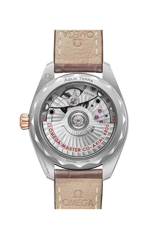 Omega watch with brown leather strap and rose gold accents on a white background

Omega Seamaster Aqua Terra 150M 220.23.38.20.06.001 Bandiera Jewellers