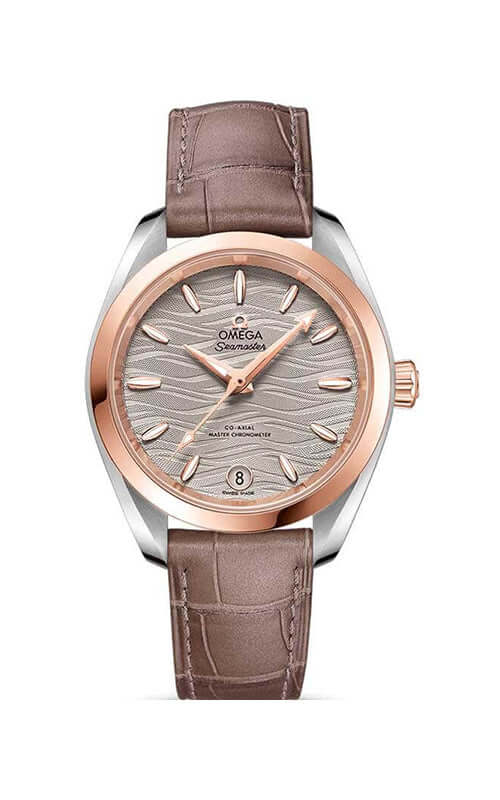 Omega watch with brown leather strap and rose gold accents on a white background

Omega Seamaster Aqua Terra 150M 220.23.38.20.06.001 Bandiera Jewellers