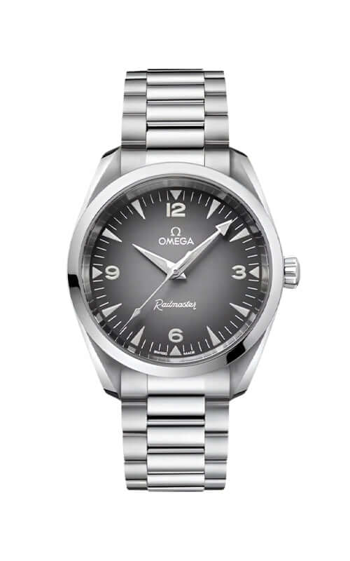Silver Omega watch with a dark face on a white background

Omega Seamaster Railmaster Mens Watch 235.10.38.20.06.001 Bandiera Jewellers