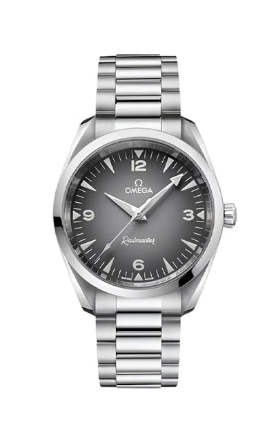 Silver Omega watch with a dark face on a white background

Omega Seamaster Railmaster Mens Watch 235.10.38.20.06.001 Bandiera Jewellers