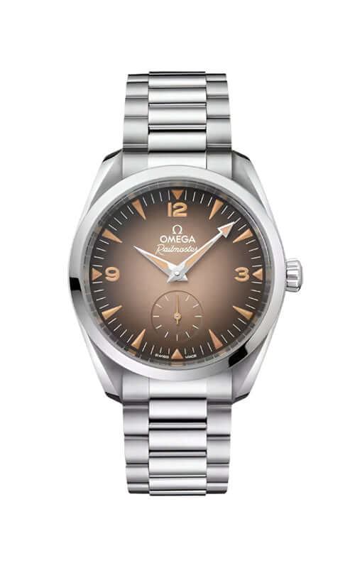 Silver Omega watch with a brown dial on a white background

Omega Seamaster Railmaster Watch 235.10.38.20.13.001 Bandiera Jewellers