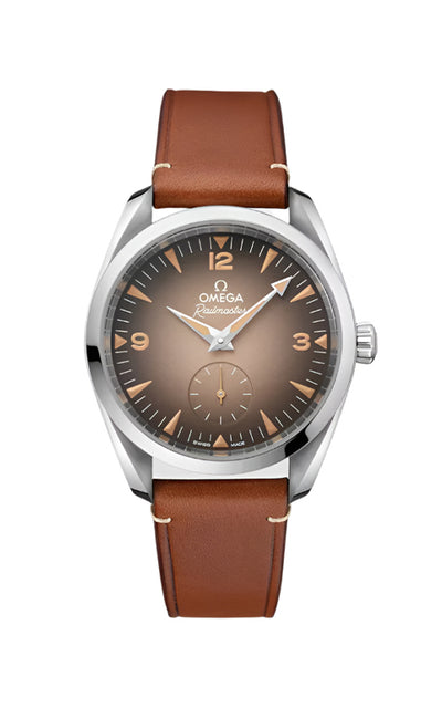Omega watch with brown leather strap and brown dial on a white background

Omega Seamaster Railmaster Watch 235.12.38.20.13.001 Bandiera Jewellers