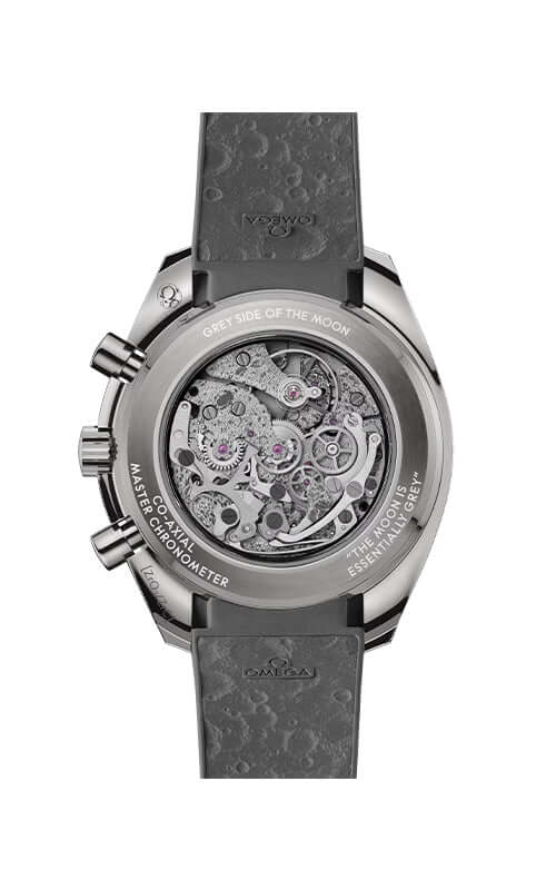 Gray wristwatch with visible mechanical components on a white background

Omega Speedmaster Dark Side of the Moon 310.92.44.50.06.002 Bandiera Jewellers