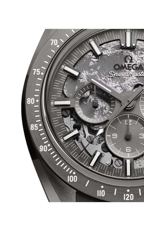 Close-up of a detailed Omega watch face with visible brand name.

Omega Speedmaster Dark Side of the Moon 310.92.44.50.06.002 Bandiera Jewellers