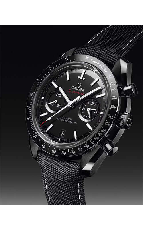 Black Omega watch with detailed face on a dark background

Omega Speedmaster Dark Side of the Moon 310.92.44.51.01.002 Bandiera Jewellers