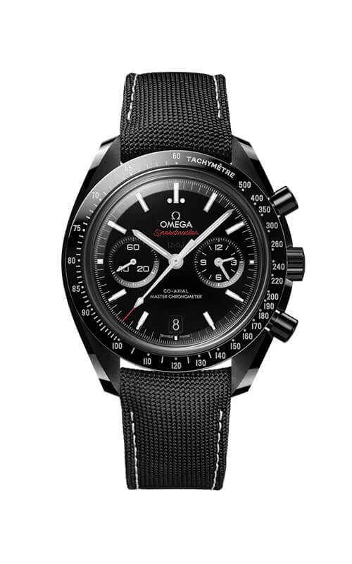 Black Omega watch with detailed face on a white background

Omega Speedmaster Dark Side of the Moon 310.92.44.51.01.002 Bandiera Jewellers