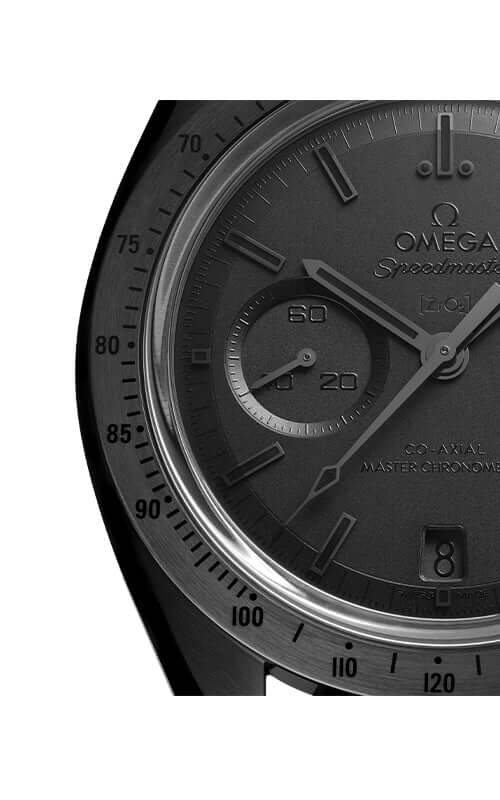 Close-up of a black Omega watch face with visible branding.

Omega Speedmaster Dark Side of the Moon 310.92.44.51.01.003 Bandiera Jewellers