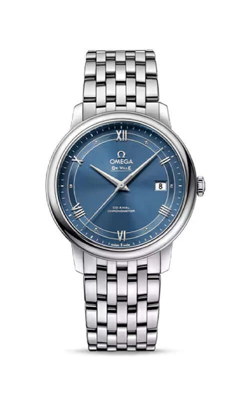 Omega watch with blue face and silver bracelet on a white background

Omega De Ville Prestige Co-Axial 424.10.37.20.03.002 Bandiera Jewellers