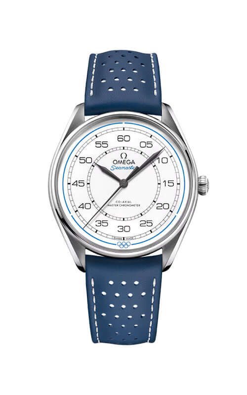 Omega watch with blue strap and white face on a white background

Omega Specialties - Olympic Official Timekeeper LTD BOX SET 522.32.40.20.04.001 Bandiera Jewellers