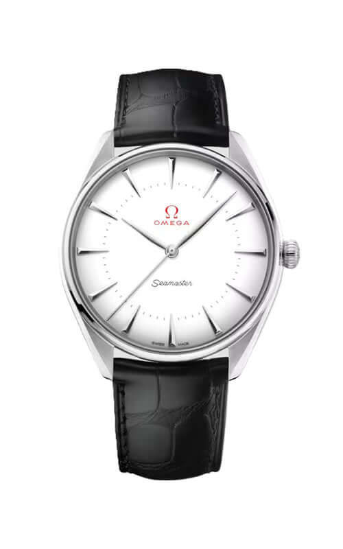 Omega watch with black leather strap and white dial on a white background

Omega Specialties - Olympic Official Timekeeper 522.53.40.20.04.002 Bandiera Jewellers