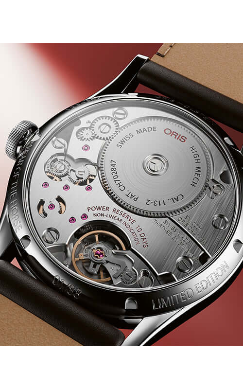 Close-up of a watch mechanism with 'Oris' branding on a red and brown gradient background.

ORIS Year of the Horse Limited Edition 01 113 7806 4088-Set Bandiera Jewellers