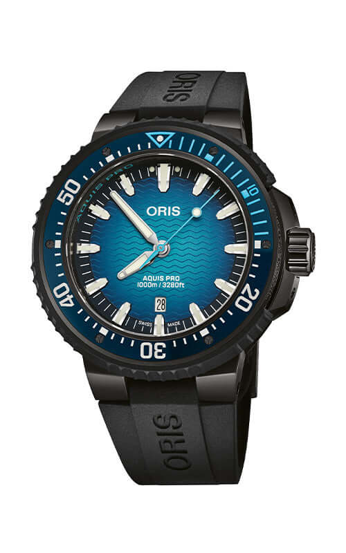 Blue Oris watch with a white face on a white background

Oris Aquis Pro 1000m 01 733 7801 7255-Set Bandiera Jewellers