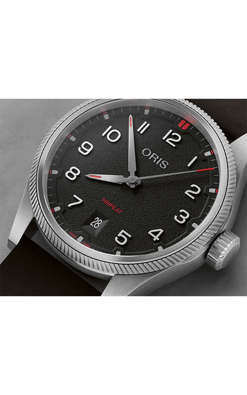 Oris watch with black dial and leather strap on a white background

ORIS ProPilot Date 01 733 7805 4164-07 6 20 14LC Bandiera Jewellers