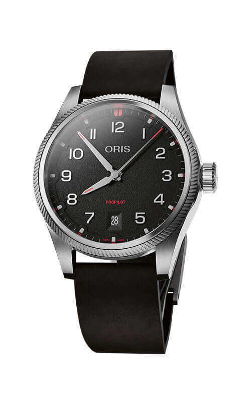 Oris watch with black dial and leather strap on a white background

ORIS ProPilot Date 01 733 7805 4164-07 6 20 14LC Bandiera Jewellers