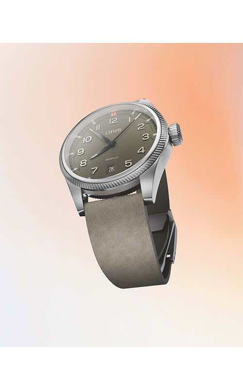 Wristwatch with a gray strap and silver case on a gradient background

ORIS ProPilot Date 01 733 7805 4167-07 6 20 16LC Bandiera Jewellers