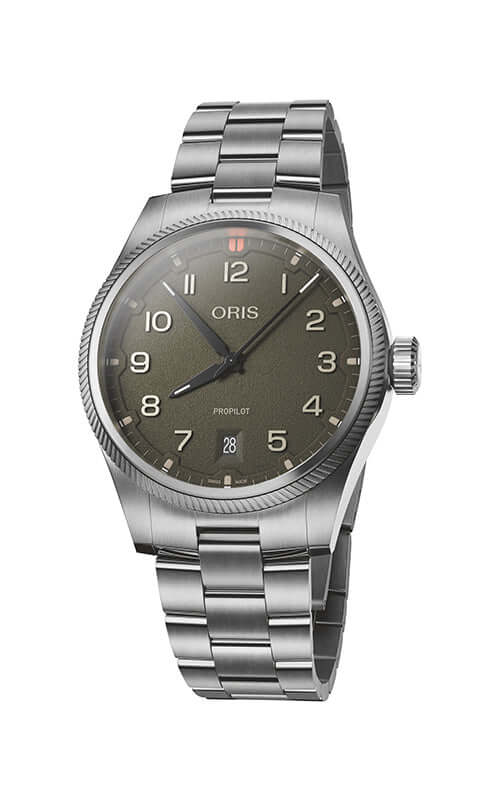 Silver Oris watch with a dark face on a white background

ORIS ProPilot Date 01 733 7805 4163-07 8 20 04LC Bandiera Jewellers