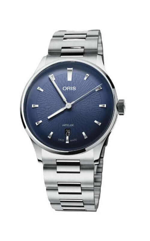 Silver Oris watch with blue dial on a white background

Oris Artelier Complication 01 733 7810 4055-07 8 20 20 Bandiera Jewellers