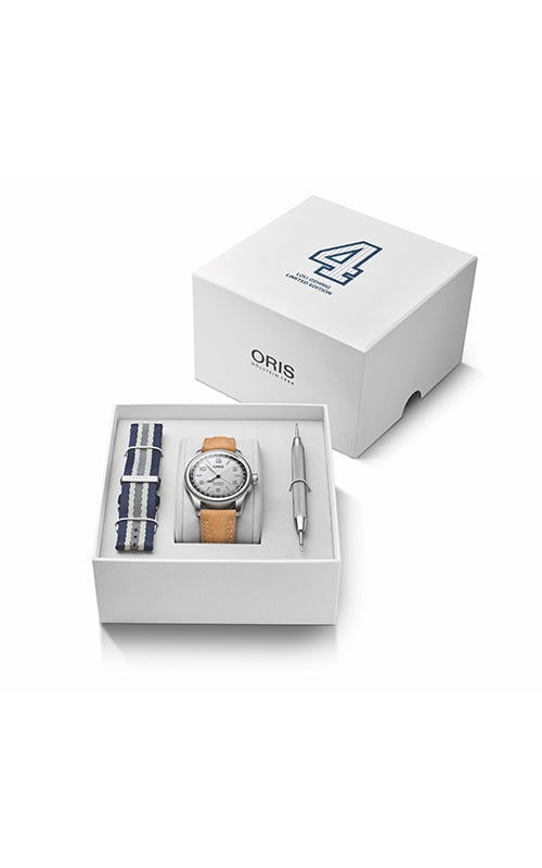 Oris watch set with two watches and a pen in a white box on a white background

Oris Lou Gehrig Limited Edition 01 754 7785 4091-Set Bandiera Jewellers