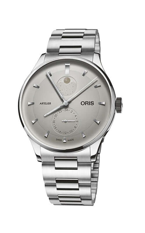 Silver Oris watch with a white face on a white background

Oris Artelier Complication 01 782 7811 4051-07 8 20 20 Bandiera Jewellers