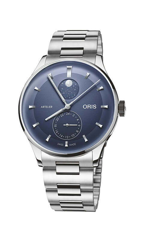 Silver Oris watch with blue face on a white background

Oris Artelier Complication 01 782 7811 4055-07 8 20 20 Bandiera Jewellers