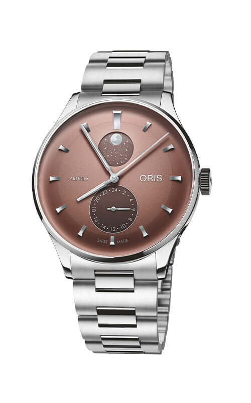 Silver Oris watch with a brown face on a white background

Oris Artelier Complication 01 782 7811 4056-07 8 20 20 Bandiera Jewellers