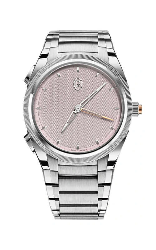 Silver watch with a pink face on a white background

Parmigiani Fleurier TONDA PF Minute Rattrapante PFC904-1020002-100182 Bandiera Jewellers