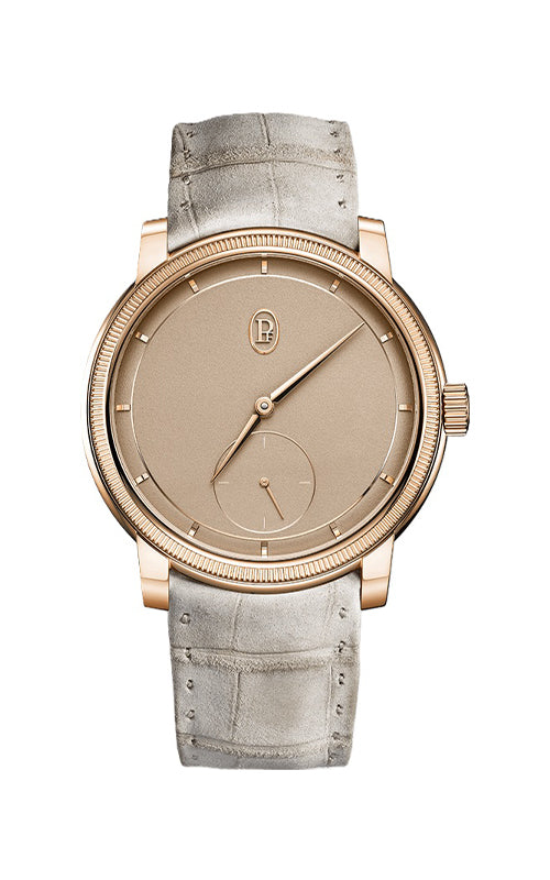 Wristwatch with beige dial and gray leather strap on a white background

Parmigiani Toric Petite Seconde Rose Gold Dune PFC940-2010002-300181 Bandiera Jewellers