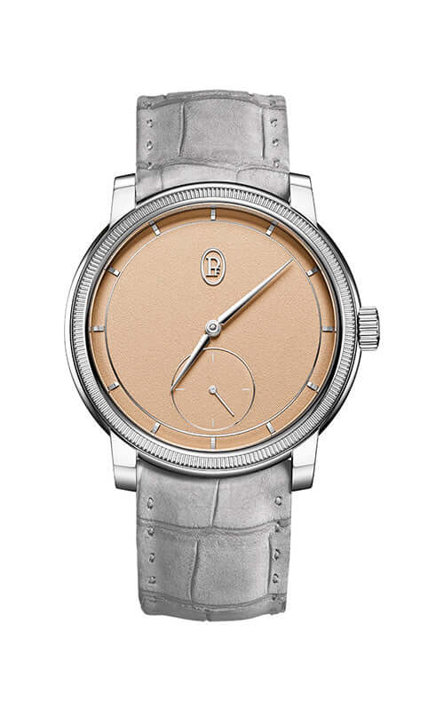 Watch with beige dial and gray strap on a white background

Parmigiani Toric Petite Seconde Platinum PFC940-2010003-300181 Bandiera Jewellers