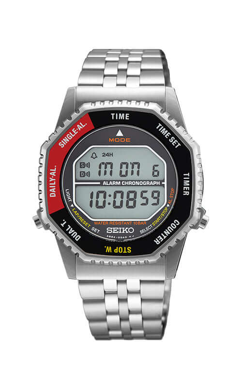 Digital watch with silver strap and black face on a white background

Seiko "Rotocall" SMGG19P1 Bandiera Jewellers