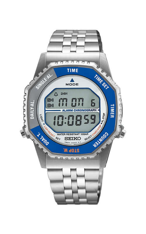 Digital watch with silver case and blue display on a white background

Seiko "Rotocall" SMGG21P1 Bandiera Jewellers