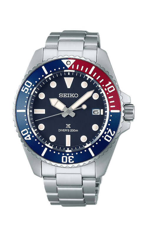 Seiko watch with a blue and red bezel on a white background

Seiko Prospex Solar Diver's Watch SNE595P1 Bandiera Jewellers