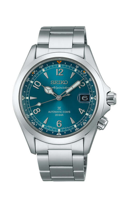 Seiko watch with blue dial and silver bracelet on a white background

Seiko Prospex Alpinist SPB503J1 Bandiera Jewellers