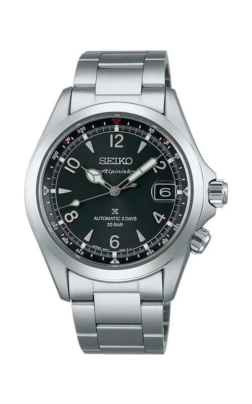 Seiko watch with black dial and silver metal strap on a white background

Seiko Prospex Alpinist SPB505J1 Bandiera Jewellers