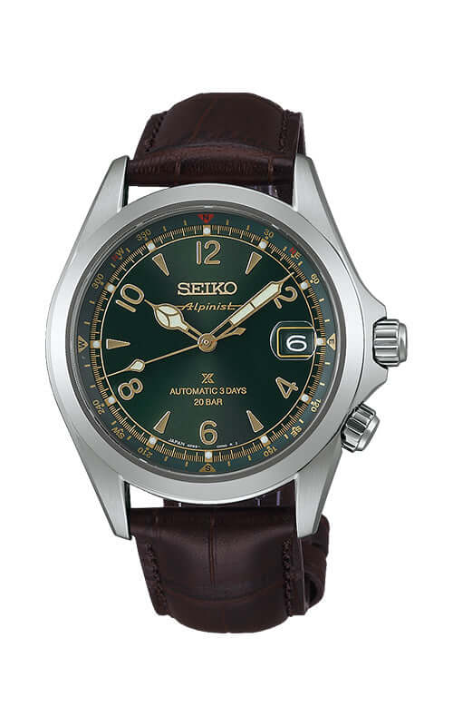 Seiko watch with green dial and brown leather strap on a white background

Seiko Prospex Alpinist SPB507J1 Bandiera Jewellers