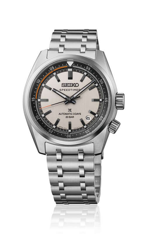 Silver Seiko watch with a reflective surface on a white background

Seiko Prospex Speedtimer SPB513J1 Bandiera Jewellers
