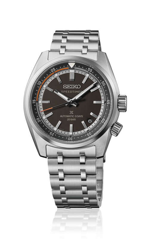 Seiko watch with silver metal bracelet on a white background

Seiko Prospex Speedtimer SPB515J1 Bandiera Jewellers