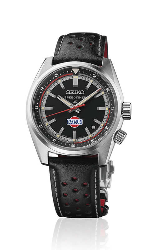 Seiko watch with black leather strap and red accents on a white background

Seiko Prospex Speedtimer DATSUN 204Z LTD Watch SPB517J1 Bandiera Jewellers