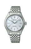 Silver Seiko watch with a white face on a white background

Seiko Presage Classic Series SPB521J1 Bandiera Jewellers
