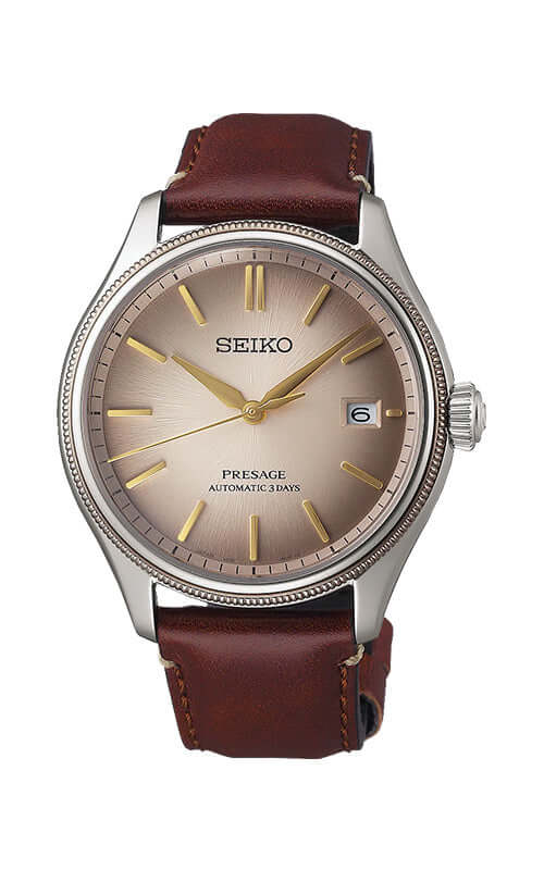 Seiko Presage watch with brown leather strap on a white background

Seiko Presage Classic Series LTD ED SPB529J1 Bandiera Jewellers