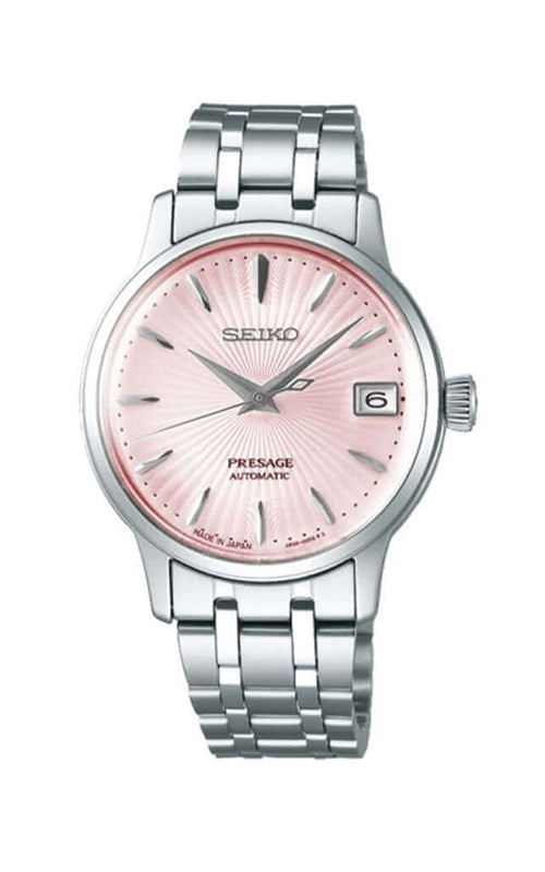 Seiko watch with pink dial and silver metal bracelet on a white background

Seiko SRP839 Presage Cocktail Time Bandiera Jewellers