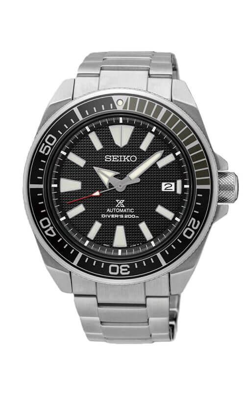 Seiko watch with black dial and silver metal strap on a white background

Seiko Prospex "Sea" Diver's Watch SRPF03K1 Bandiera Jewellers