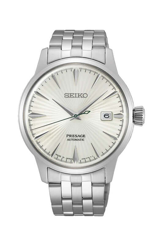 Seiko Presage watch with silver metal bracelet on a white background

Seiko Presage Men's Cocktail Time "Martini" Automatic SRPG23J1 Bandiera Jewellers
