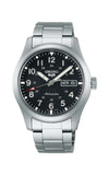 Seiko watch with black dial and silver metal bracelet on a white background

Seiko 5 Sports Field Series SRPG27K1J Bandiera Jewellers