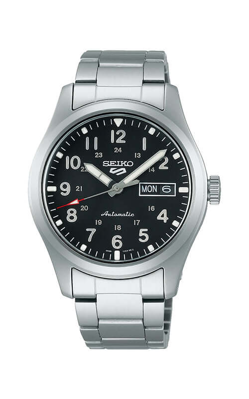 Seiko watch with black dial and silver metal bracelet on a white background

Seiko 5 Sports Field Series SRPG27K1J Bandiera Jewellers