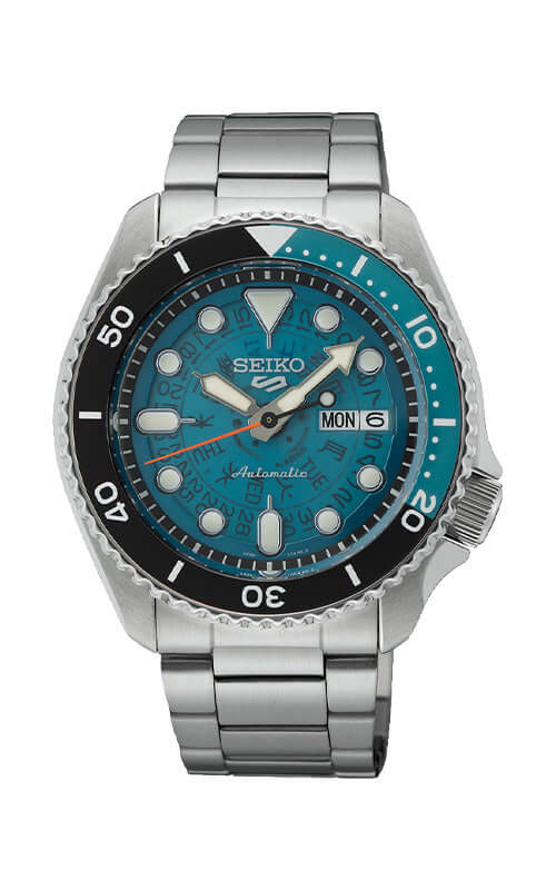 Seiko watch with blue face and silver metal strap on a white background

Seiko 5 Sports Mens SKX Sports Style SRPJ45K1J Bandiera Jewellers