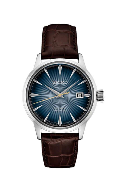 Seiko watch with brown leather strap and blue dial on a white background

Seiko Presage Cocktail Time SRPK15J1 Bandiera Jewellers